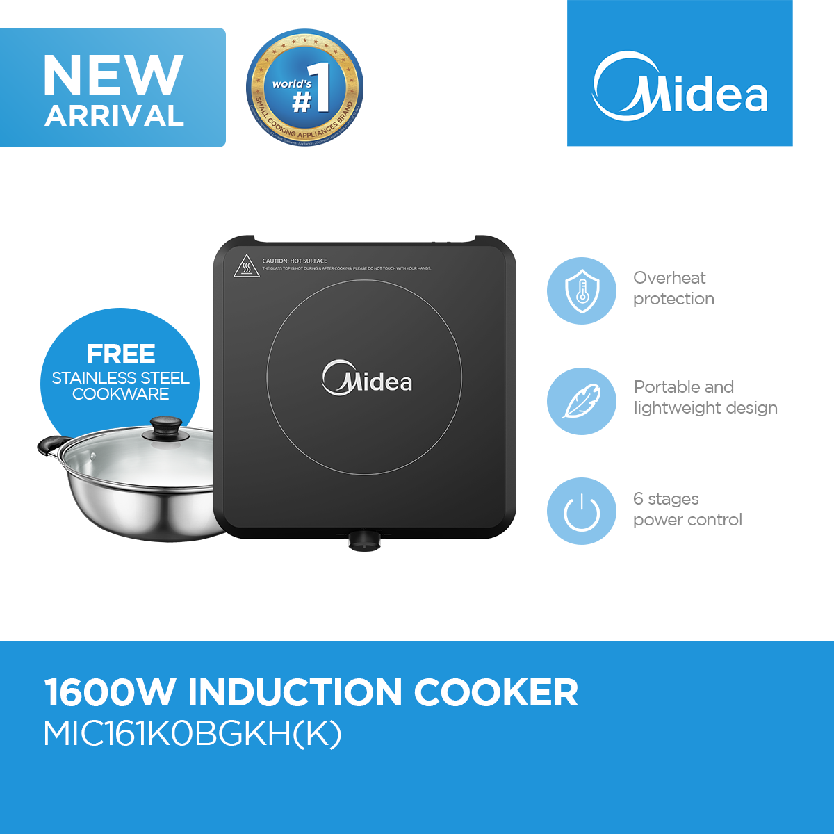 Midea 1600W Induction Cooker (Black) with Free Pot