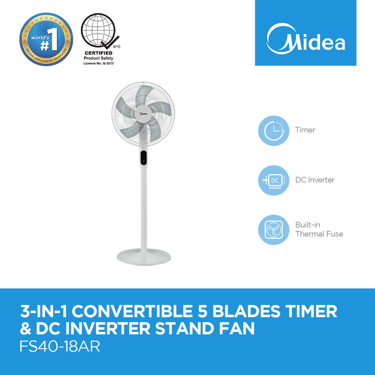 Midea 2 in 1 Convertible 5 Blades Timer and DC Inverter Stand Fan